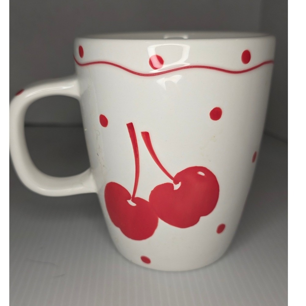 HD Designs Hand Painted Cherry Mug Red Polka Dot Retro Coffee Cup
